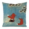 Blue decorative cushion cover with a fox print and natural woven fabric texture - Double Fox Swing Paradise (5)