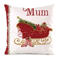 Christmas cushion cover with red Mum text and sleigh tree design on white faux silk - Red Sleigh Mum Word Gift Style (6)