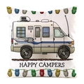 Weiße Kissenhülle aus Seidenimitat mit Cartoon-Wohnmobil und Happy Campers Schriftzug - Cartoon Blau Wohnmobil Stil (12)