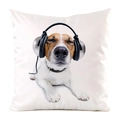 Fodera per cuscino bianca effetto seta con motivo cane e cuffie, stile Jack Russell - Jack Russell con Cuffie (1)