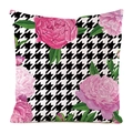 Decorative silk cushion cover with black and white houndstooth pattern and pink peony flowers - 60x60cm / Pink Peony Houndstooth