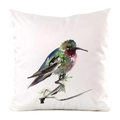 Macro detail of bird watercolor print on faux silk square sofa cushion cover - 60x60cm / Watercolor Hummingbird Pattern (2)