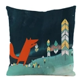 Square pillowcase featuring artistic orange fox print on deep blue forest background - Geometric Forest Fox (8)