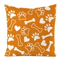 Detail of orange square pillow case with white paw prints, bones and heart patterns - 18x18 Inch / Orange Pet Elements (13)