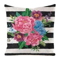 Square cushion cover with black and white stripes and hand-painted floral peony pattern - 60x60cm / Floral Bouquet