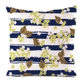 Faux silk pillowcase with navy stripes and yellow floral print in a square design - 60x60cm / Blue White Stripe Floral