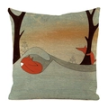 Square faux silk cushion cover featuring Nordic style orange fox forest illustration art - Wood Grain Forest Double Foxes (10)