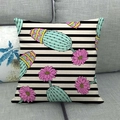 Square pillow cover with black white stripes and hand-painted cactus floral design - Green Cactus Pink Floral