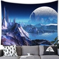 Wandteppich mit Sci-Fi-Pyramidenlandschaft, polaren Eisbergen und riesigen Planeten - 100x70(Pfirsichhaut) / Kaltblau Polar (13)