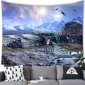 Sci-fi space tapestry featuring planets and snowy mountains hanging above a gray sofa - Alien Base Snow Mountain (14)