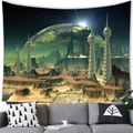 Surreal alien landscape tapestry featuring green planets above a gray sofa in living room - Bone Landscape Green Planet (13)