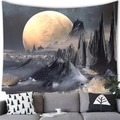 Detail of the high-quality sci-fi planet print on sunset tapestry above a gray sofa - Black Mountain Starry Moon (9)