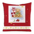Red Christmas pillowcase featuring a cute teddy bear on a sled with festive gift boxes - Teddy Bear Sleigh Star Ribbon Style (14)