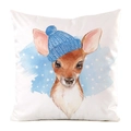 Detail of deer watercolor print on white square cushion cover with blue knit hat and snowflakes - Snowflake Deer with Blue Beanie
