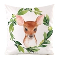 Detail of square cushion cover featuring watercolor deer head and green leaf wreath - Deer with Forest Wreath