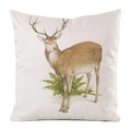 Close-up of faux silk cushion cover featuring realistic reindeer and fern illustration - Vintage Fern Reindeer