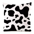 Close-up of square cow print cushion cover with black and white faux silk texture - Cow Spotted
