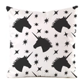 Close-up of black unicorn silhouettes and stars pattern on faux silk square pillow cover - Unicorn Starry Sky