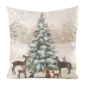 Detail showing forest animals and a snowy Christmas tree on a soft square cushion cover - 45x45cm / Faux Silk / Snowy Christmas Tree and Forest Animals Pattern (20)