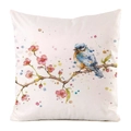 Macro view of watercolor bird and floral pattern on white satin cushion cover - Bird Perching on Floral Branch Pattern (25) / 45x45cm