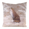 Detail of fox and bird illustration on winter throw pillow cover with golden stars - 45x45cm / Faux Silk / Orange Fox Looking Up at Bird Pattern (19)