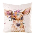Detailed close-up of a faux silk cushion cover featuring watercolor baby deer with flowers - Gentle Fawn with Flower Headpiece Pattern (24) / 45x45cm