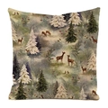 Detail of square festive cushion cover with reindeer and snowy forest motif on linen fabric - 45x45cm / Faux Silk / Vintage Forest Cedar and Hare Pattern (18)