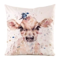 Detailed macro view of the cow and bird watercolor art on the square cushion cover - Impressionistic Calf and Blue Bird Pattern (23) / 45x45cm