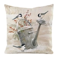 Close-up of a square winter pillowcase featuring birds, berries, and pine branch print - 45x45cm / Faux Silk / Vintage Kettle and Chickadees Pattern (17)