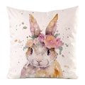 Detail of artistic watercolor rabbit illustration on square faux silk cushion cover - Watercolor Rabbit with Flower Crown Pattern (22) / 45x45cm