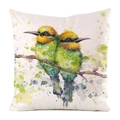 Detailed close-up of two watercolor kingfishers printed on a square silk-like cushion cover - Two Kingfishers on a Branch Pattern (16) / 45x45cm