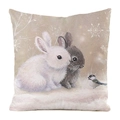 Detail view of square faux silk cushion cover featuring winter rabbits and snow illustration - 45x45cm / Faux Silk / Two Anthropomorphic Rabbits and Bird Pattern (14)