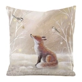 Detailed texture of linen cushion cover with winter fox and bird illustration in snow - 45x45cm / Faux Silk / Red Fox Looking at Birds (Sarah Summer Signature) (13)