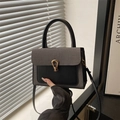 Chic two-tone crossbody bag with lychee texture, grey weaving, and gold horseshoe clasp - Black
