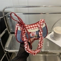 Y2K denim patchwork tote bag with red checkered handles and cherry embroidery detail - Blue Red Denim Plaid Cherry Style / Blue