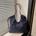 Sac fourre-tout rétro en denim bleu foncé avec anses en corde et poche à bouton - Bleu foncé