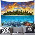 Tropischer Sonnenuntergang und Unterwasserwelt Wandteppich über grauem Sofa - 100X70 / Pfirsichhaut / Sonnenuntergang Insel Meeresschildkröte (10)