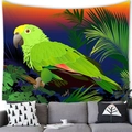 Detail of tropical parrot tapestry hanging on white wall above a gray sofa in a living room - Green Amazon Parrot Style (1) / 150x100(Peach Skin)