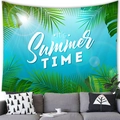 Summer theme wall tapestry with palm leaves and it's Summer TIME text over a gray sofa - Bright Blue Gradient Palm (Style 8)
