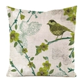 Federa per cuscino in seta sintetica con uccello verde e fiori su base di lino - 45x45cm / Motivo Pastorale Uccello Verde Fiori Verdi (4)