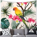 Détail de perroquet coloré et fleurs d'hibiscus tropicaux sur tapisserie murale - Style Perroquet Tricolore Fond Beige (7)
