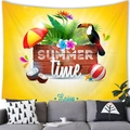 Tropical summer wall tapestry with toucan and coconut hanging above a modern sofa - 150x100(Peach Skin) / Yellow Tropical Enjoy (Style 6)