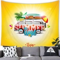 Detailed texture of summer tapestry with retro van and surfboard on a bright yellow backdrop - Yellow Retro Van Surfboard (Style 5)