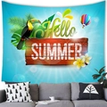 Detail showing tropical summer tapestry with toucan and Hello Summer text on white wall - 150x100(Peach Skin) / Cyan Hello Summer Toucan (Style 4)