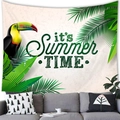 Detail showing tropical summer wall tapestry with toucan and palm leaf print above a sofa - Beige Toucan Palm Summer (Style 3)