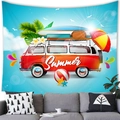 Detail of summer beach tapestry with vintage red van and surfboard on a white wall - 150x100(Peach Skin) / Red White Retro Camping Van (Style 2)