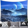 Fantasy blue planet and snowy mountain landscape tapestry hanging over a gray sofa - Blue Planet Snow Mountain (3)