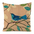 Kissenbezug aus Kunstseide mit blauem Vogel und Blumenmuster auf hellem Holzdekor-Hintergrund - 45x45cm / Handgemaltes Blaue Vogel Muster (7)