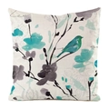 Kissenbezug aus Seidenimitat mit gemaltem Vogelmotiv und Blumen auf Strukturstoff - 45x45cm / Abstract Watercolor Teal Bird Pattern (8)