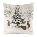 Christmas decorative square pillowcase featuring snowy pine trees and festive rabbits - 45x45cm / Faux Silk / Snowy Pine and Rabbits Pattern (5)